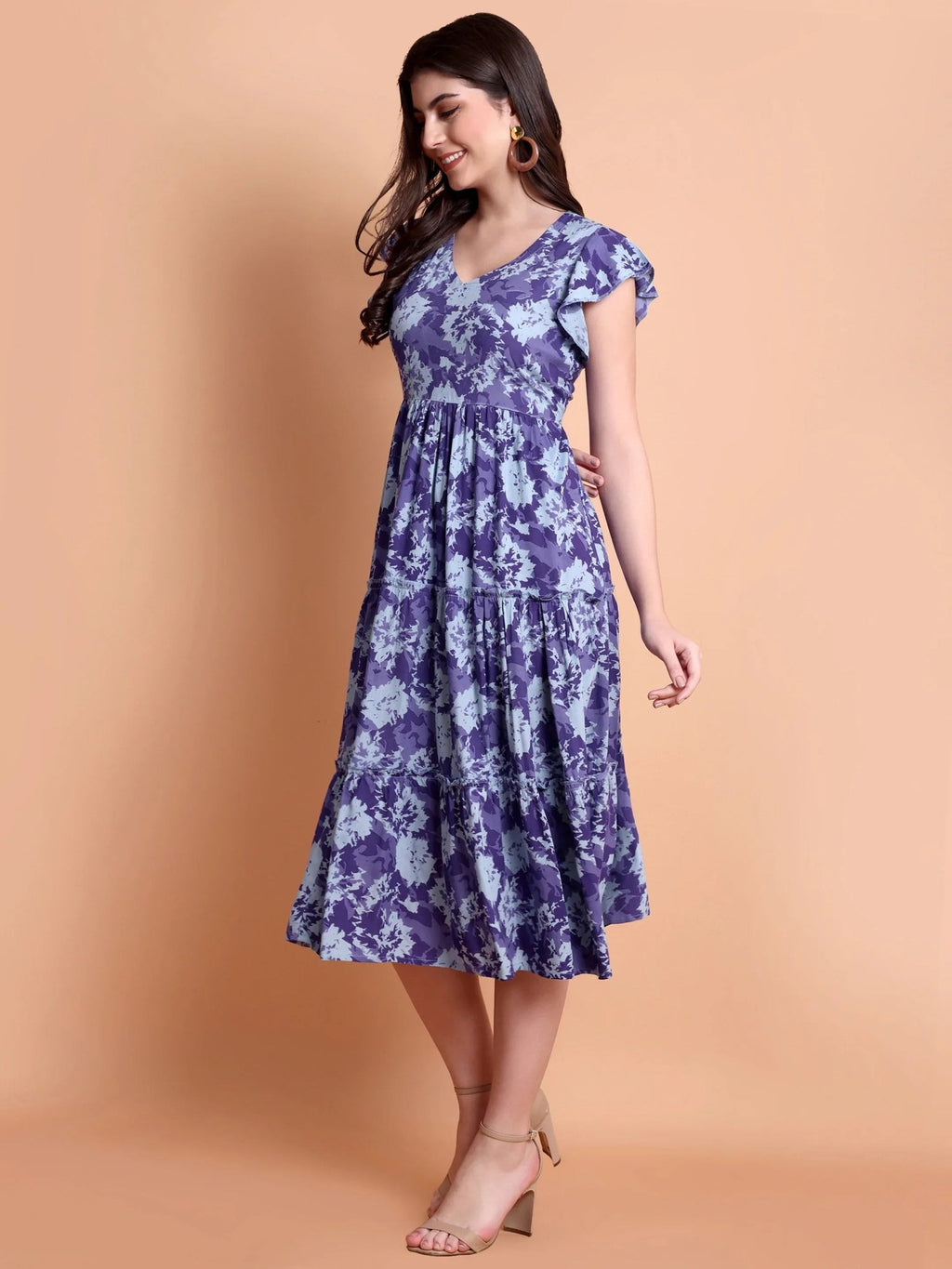 Blue Abstract Printed Flutter Sleeves A-Line Midi Dress