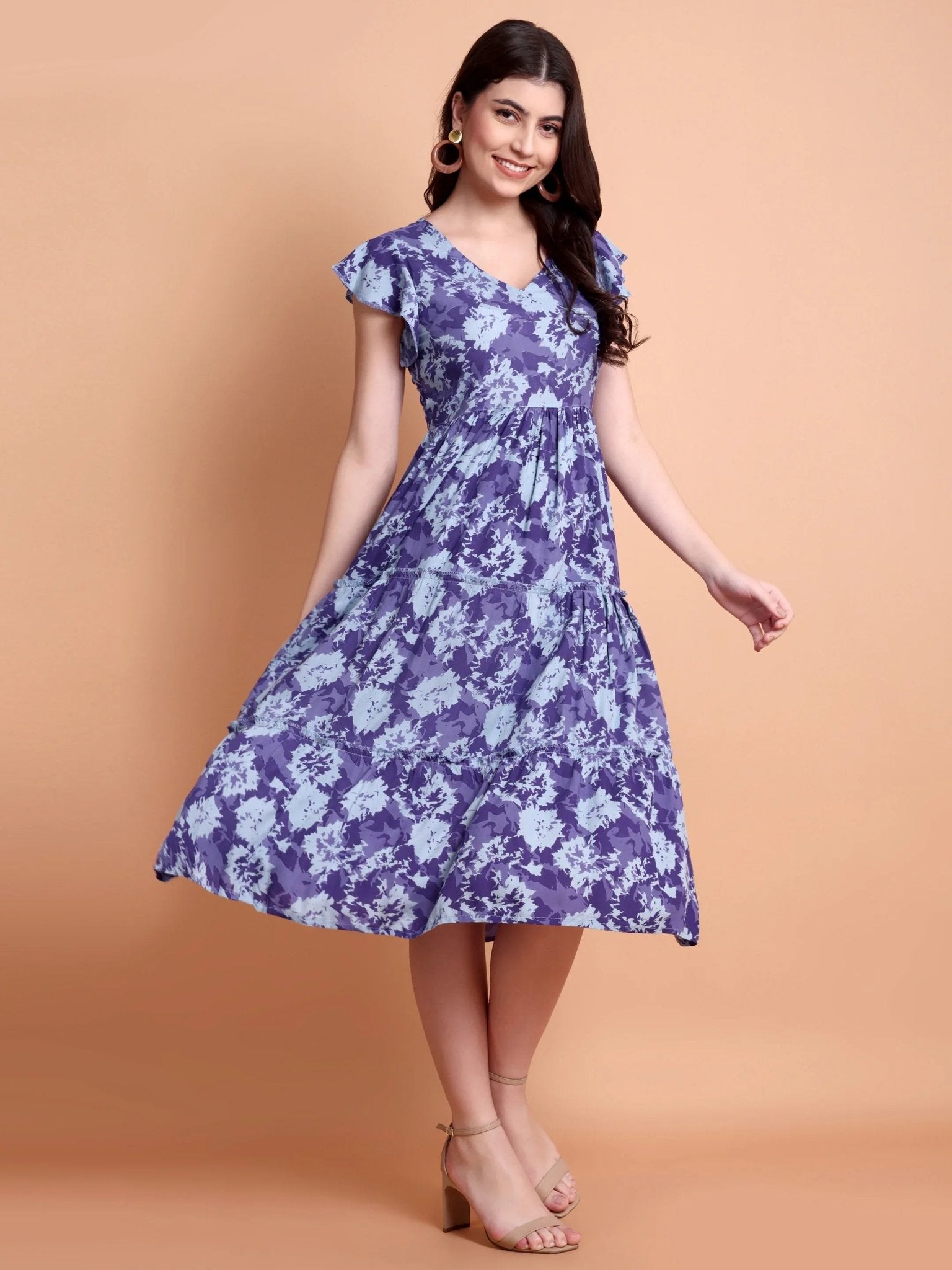 Blue Abstract Printed Flutter Sleeves A-Line Midi Dress