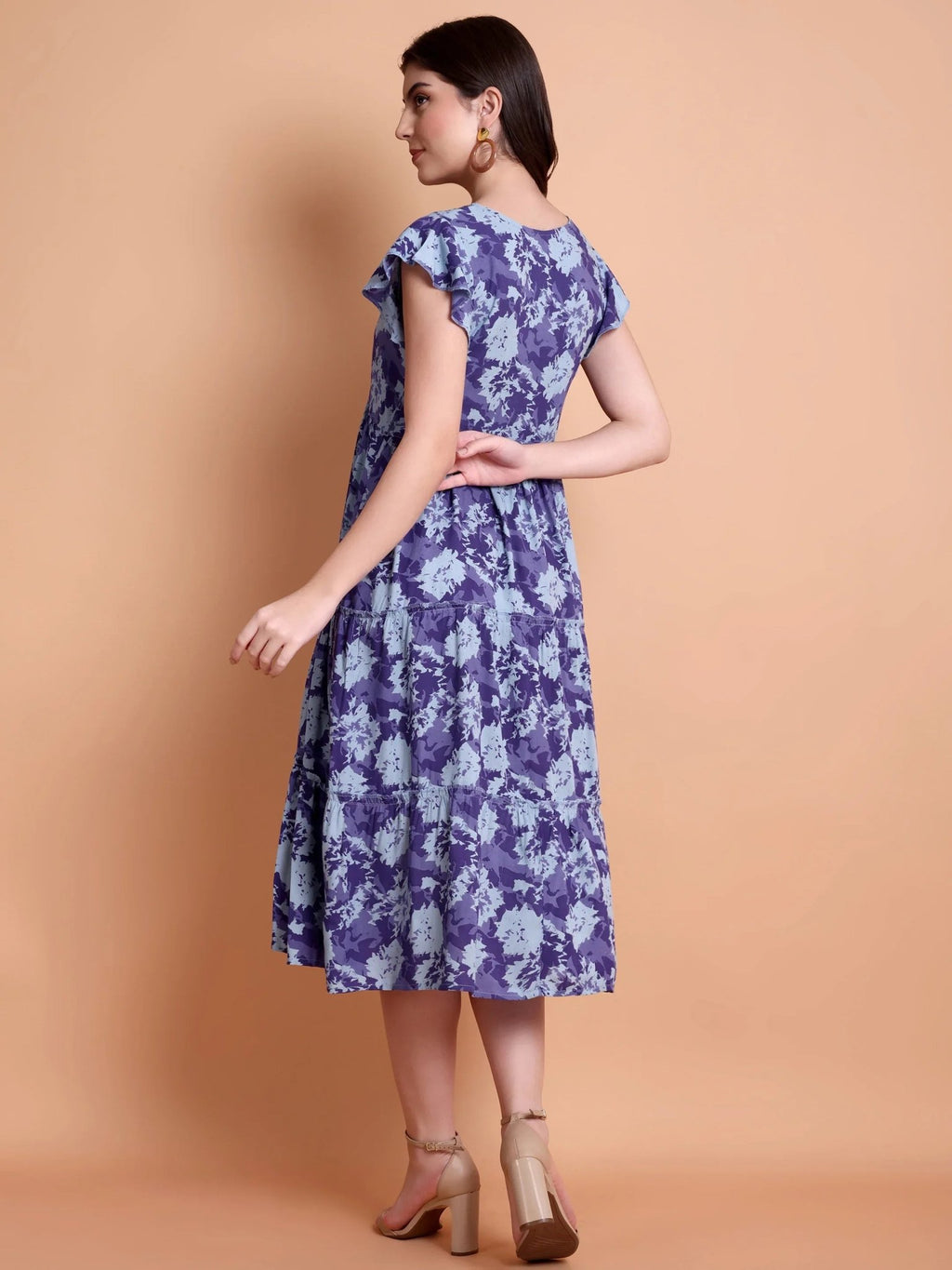 Blue Abstract Printed Flutter Sleeves A-Line Midi Dress