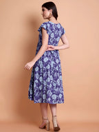 Blue Abstract Printed Flutter Sleeves A-Line Midi Dress