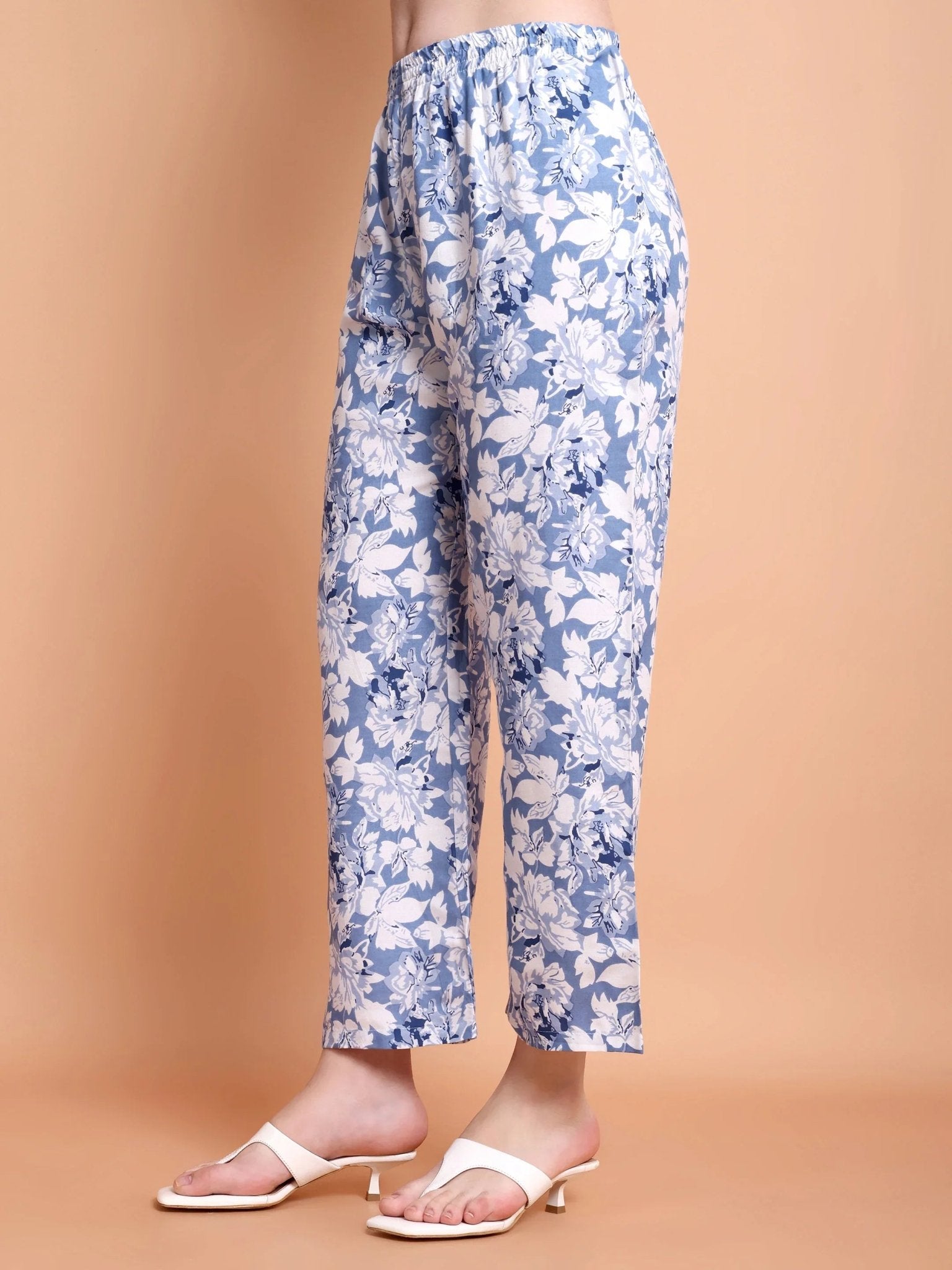 Blue Floral Printed Cotton Kurta with Trouser