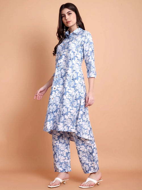 Blue Floral Printed Cotton Kurta with Trouser
