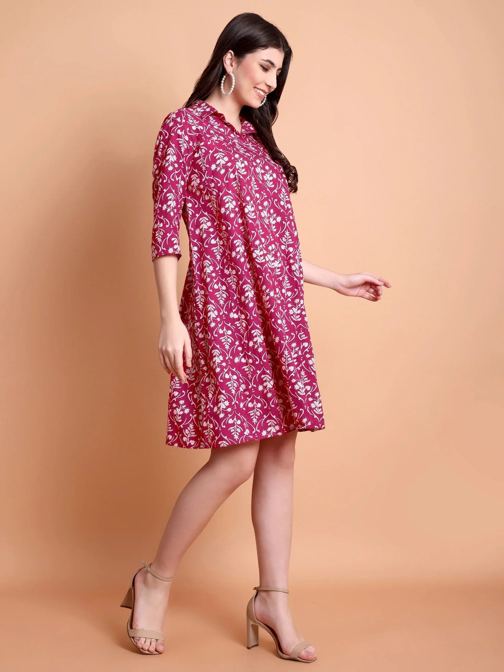 Floral Printed Shirt Collar Pleated A-Line Dress