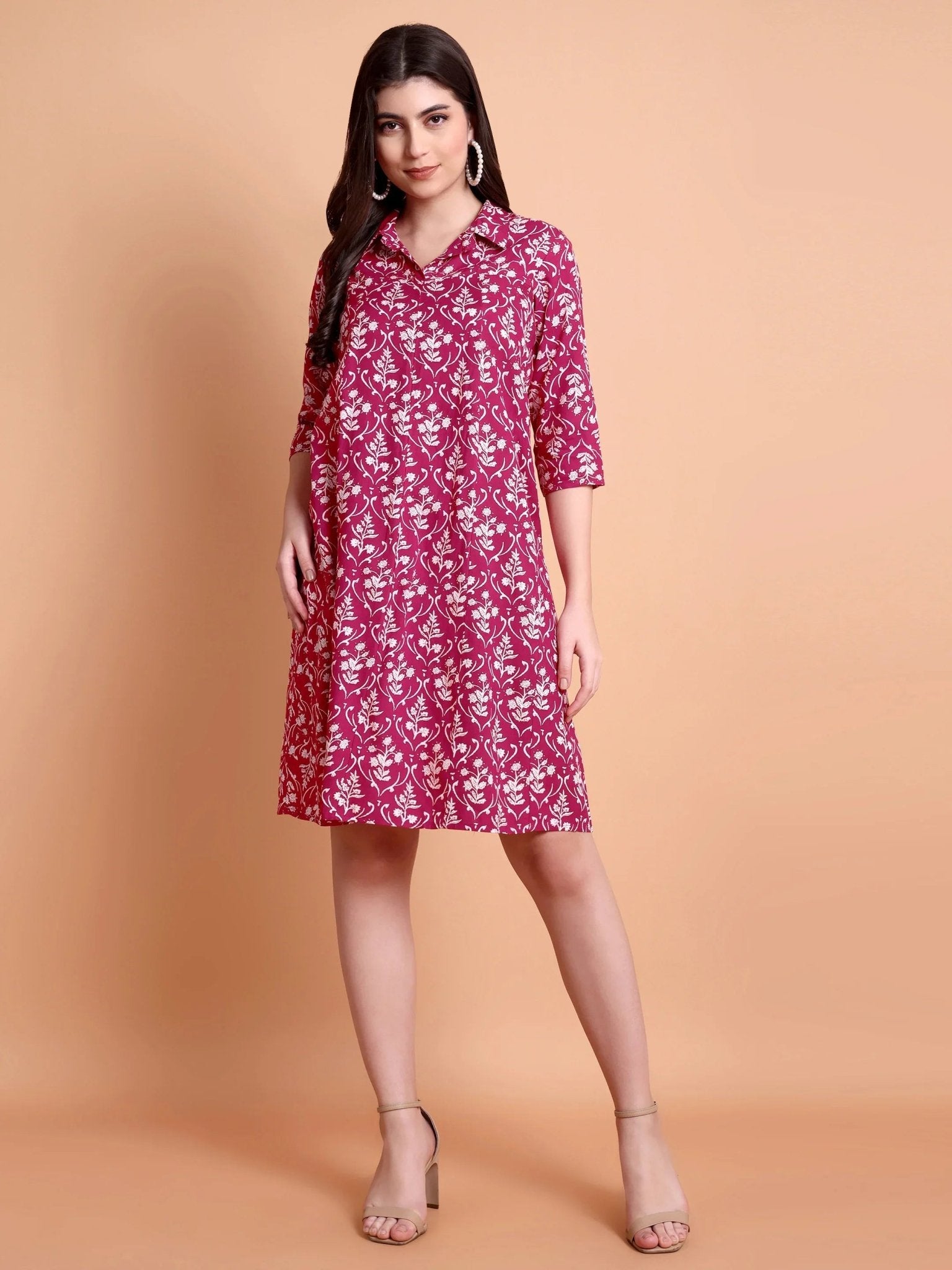 Floral Printed Shirt Collar Pleated A-Line Dress