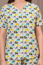 Grey Multicolor Elephant Print Cotton Co-ord Lounge Set