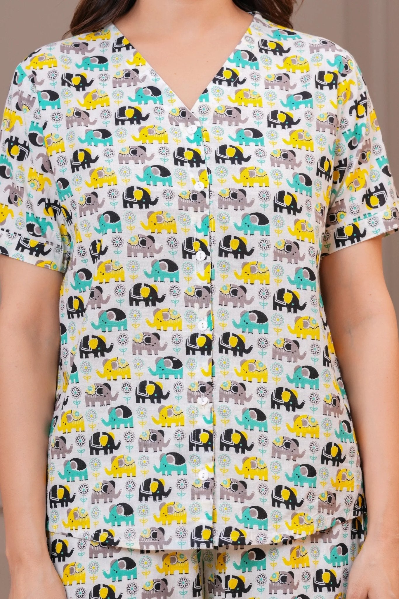 Grey Multicolor Elephant Print Cotton Co-ord Lounge Set