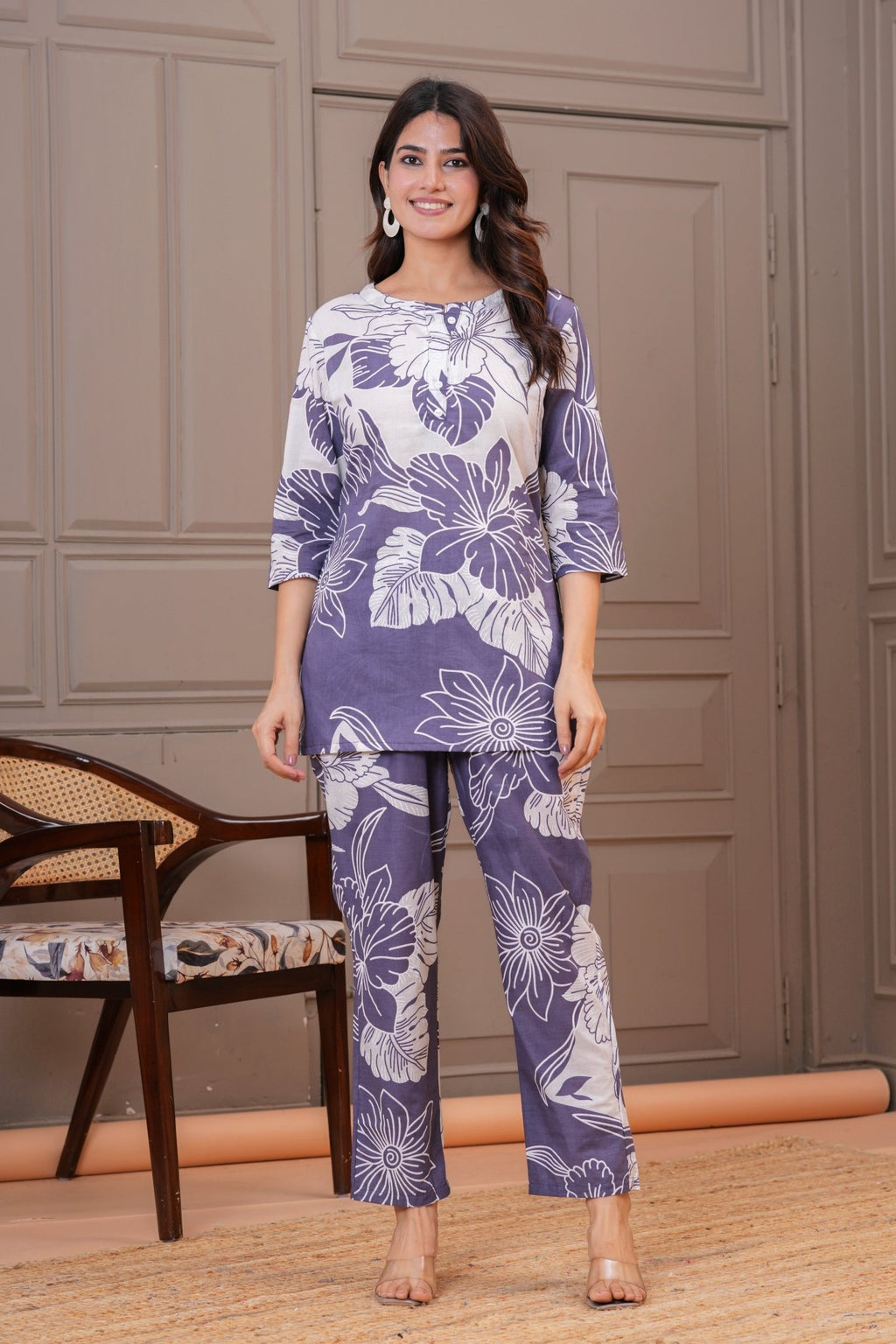 Lavender Grey Bold Floral Print Cotton Co-ord Set