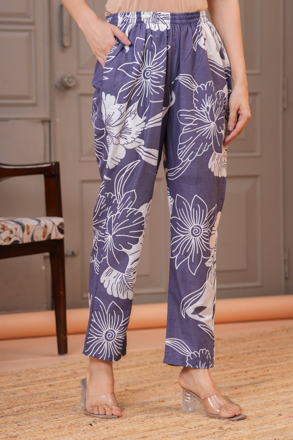 Lavender Grey Bold Floral Print Cotton Co-ord Set