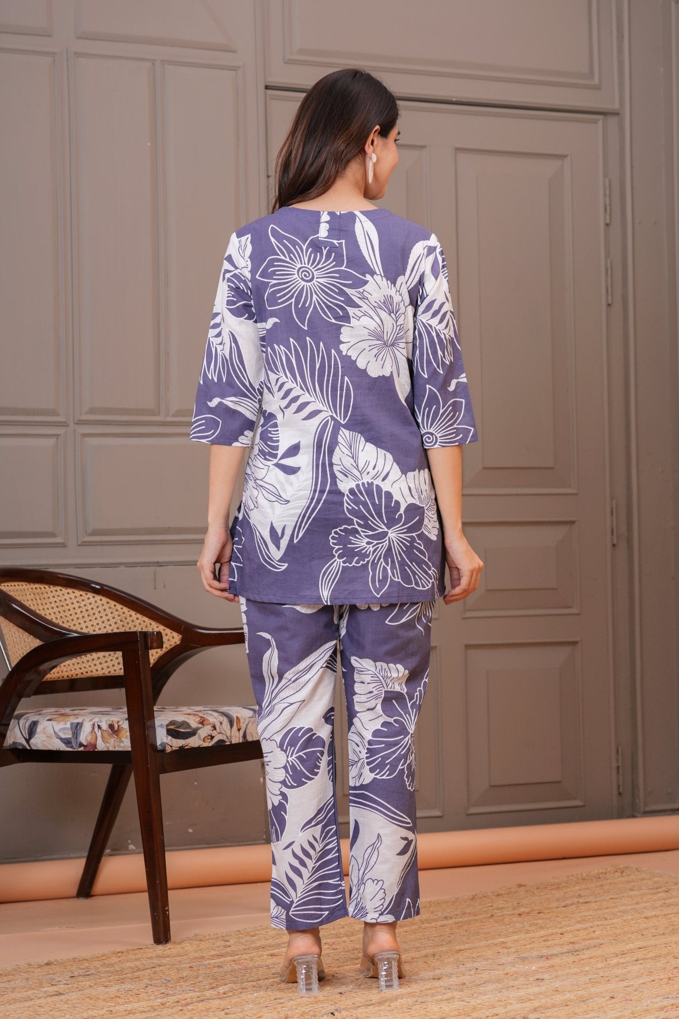 Lavender Grey Bold Floral Print Cotton Co-ord Set