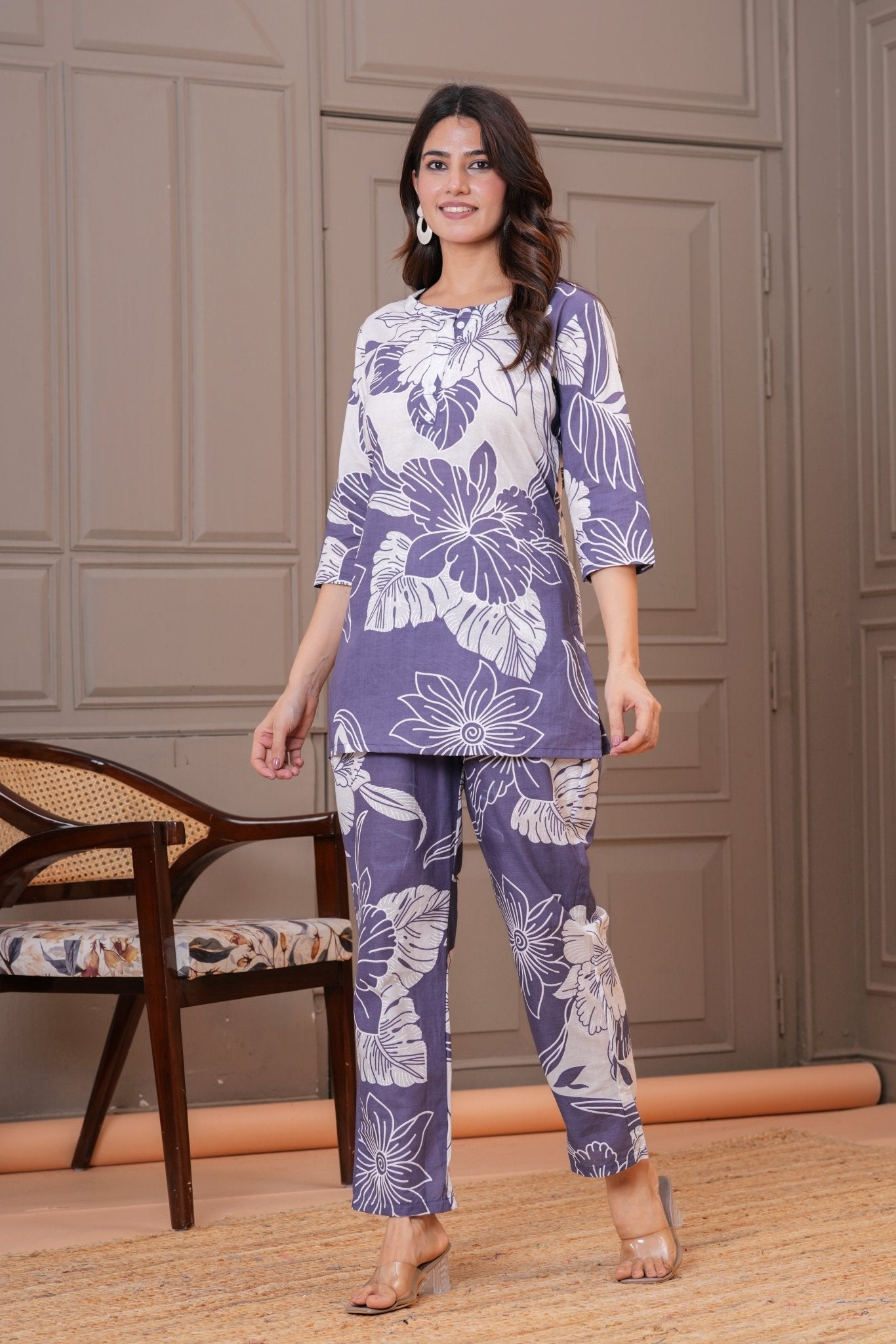 Lavender Grey Bold Floral Print Cotton Co-ord Set