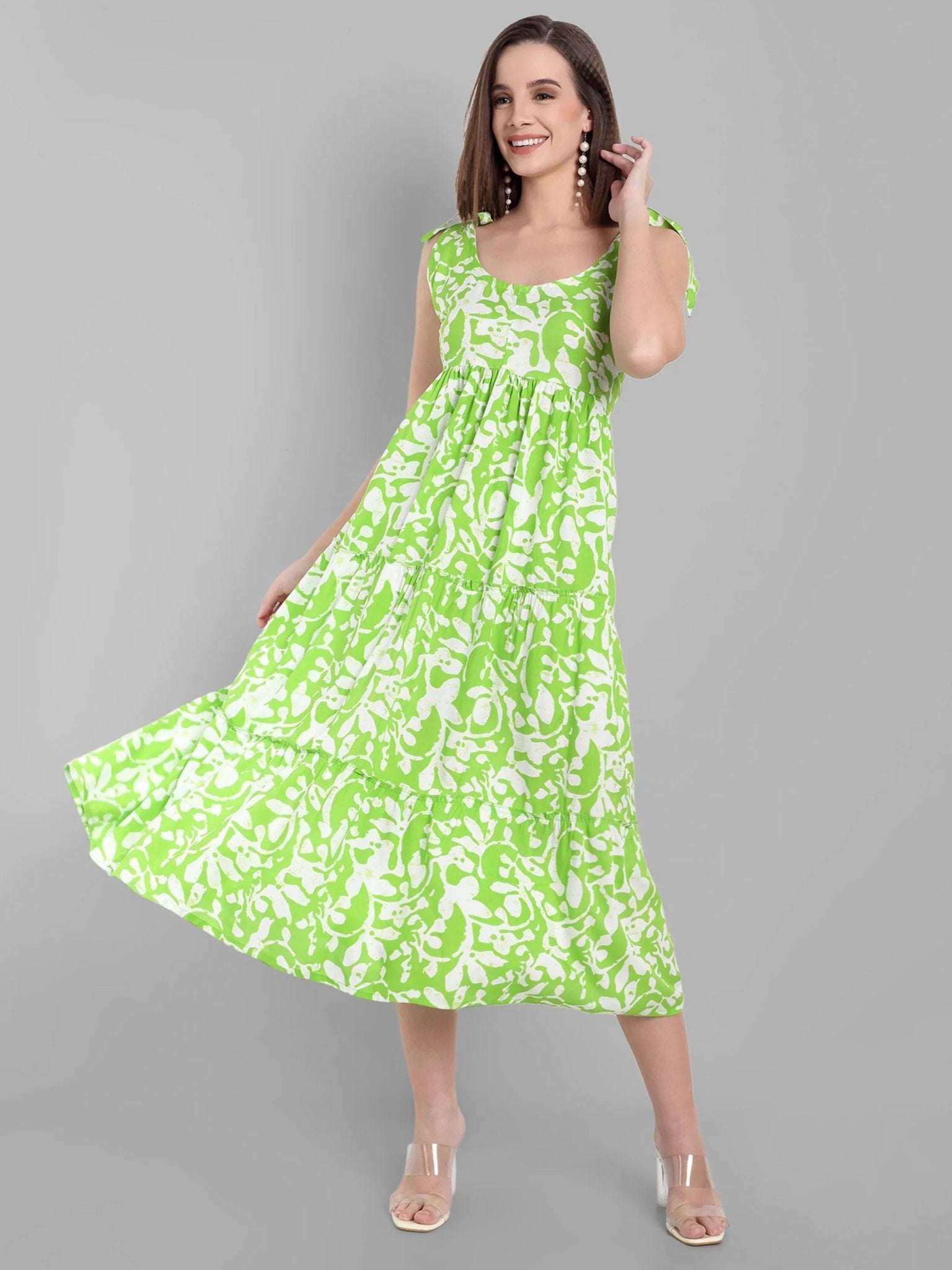 Lime Green Abstract Printed Sleeveless Midi Dress with Tie-Up Straps