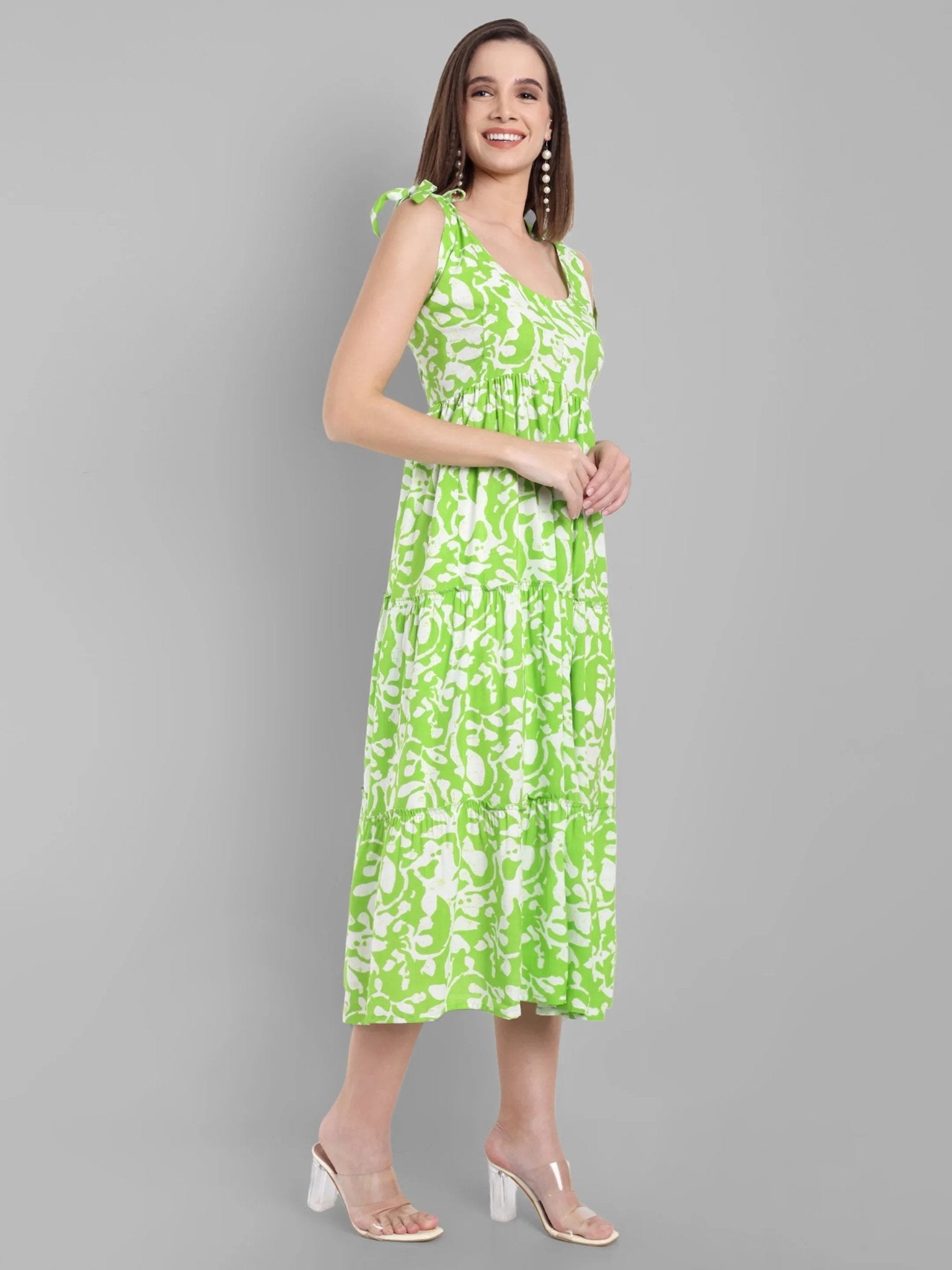 Lime Green Abstract Printed Sleeveless Midi Dress with Tie-Up Straps
