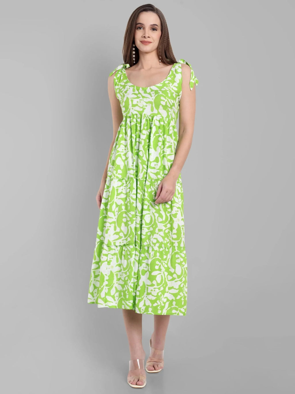 Lime Green Abstract Printed Sleeveless Midi Dress with Tie-Up Straps