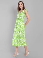 Lime Green Abstract Printed Sleeveless Midi Dress with Tie-Up Straps