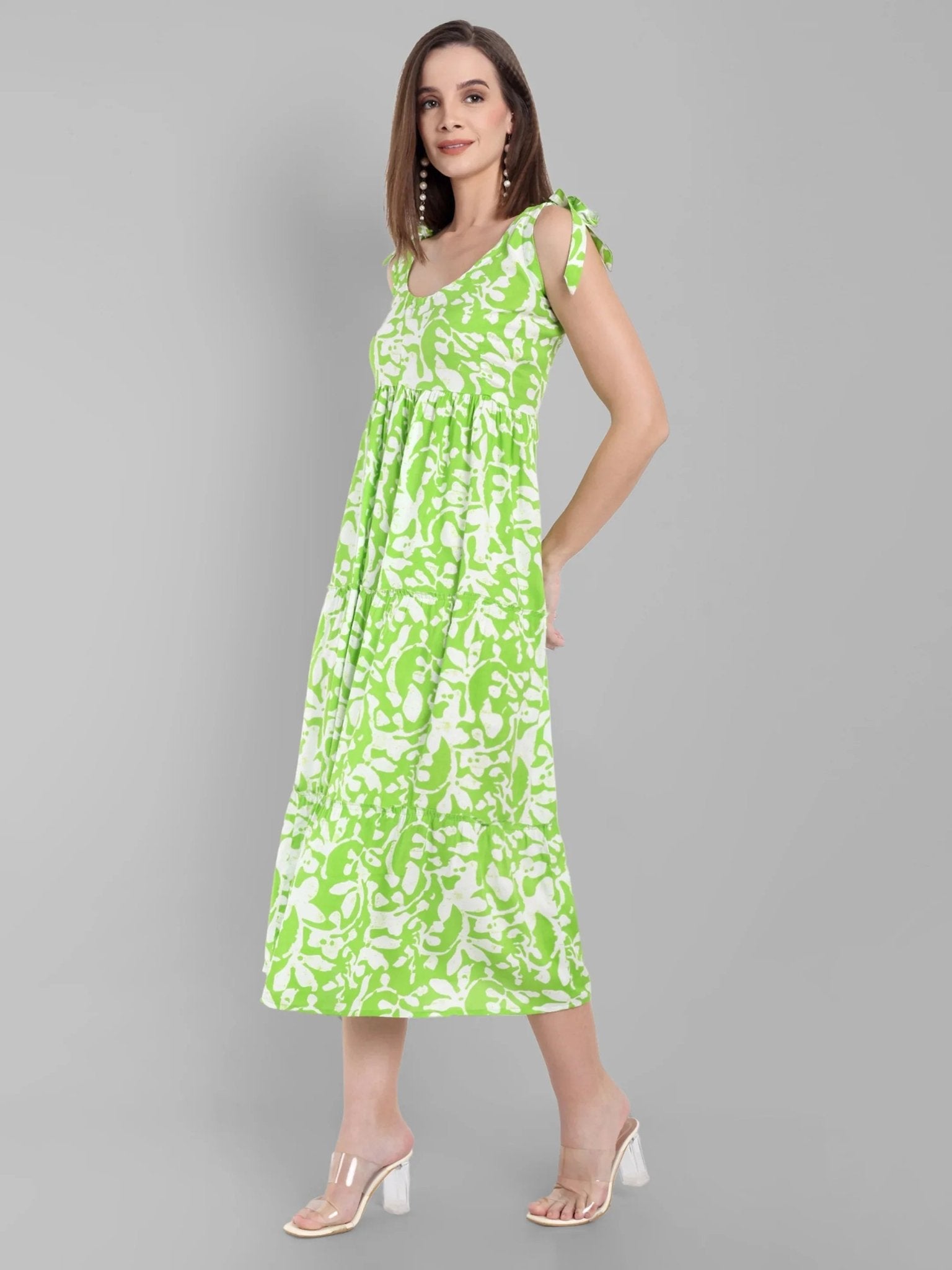 Lime Green Abstract Printed Sleeveless Midi Dress with Tie-Up Straps