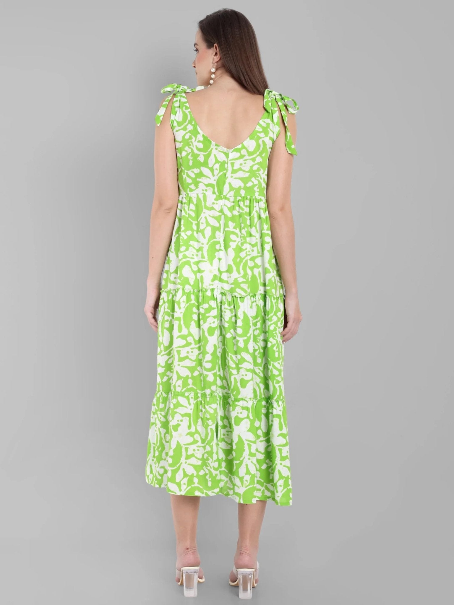 Lime Green Abstract Printed Sleeveless Midi Dress with Tie-Up Straps
