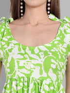 Lime Green Abstract Printed Sleeveless Midi Dress with Tie-Up Straps