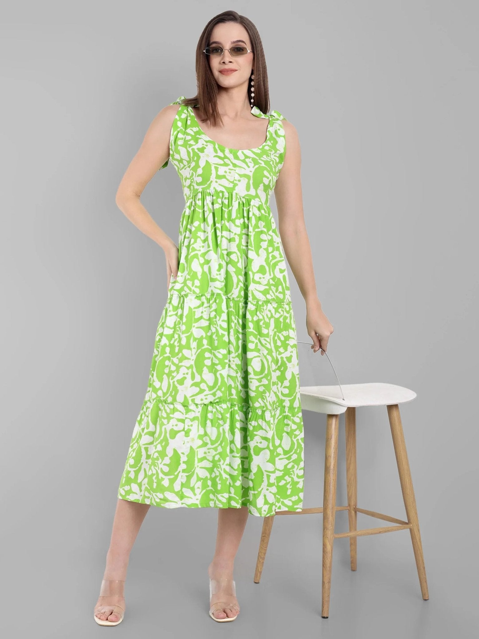 Lime Green Abstract Printed Sleeveless Midi Dress with Tie-Up Straps