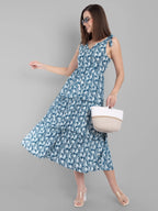 Navy Paisley Tiered Midi Dress