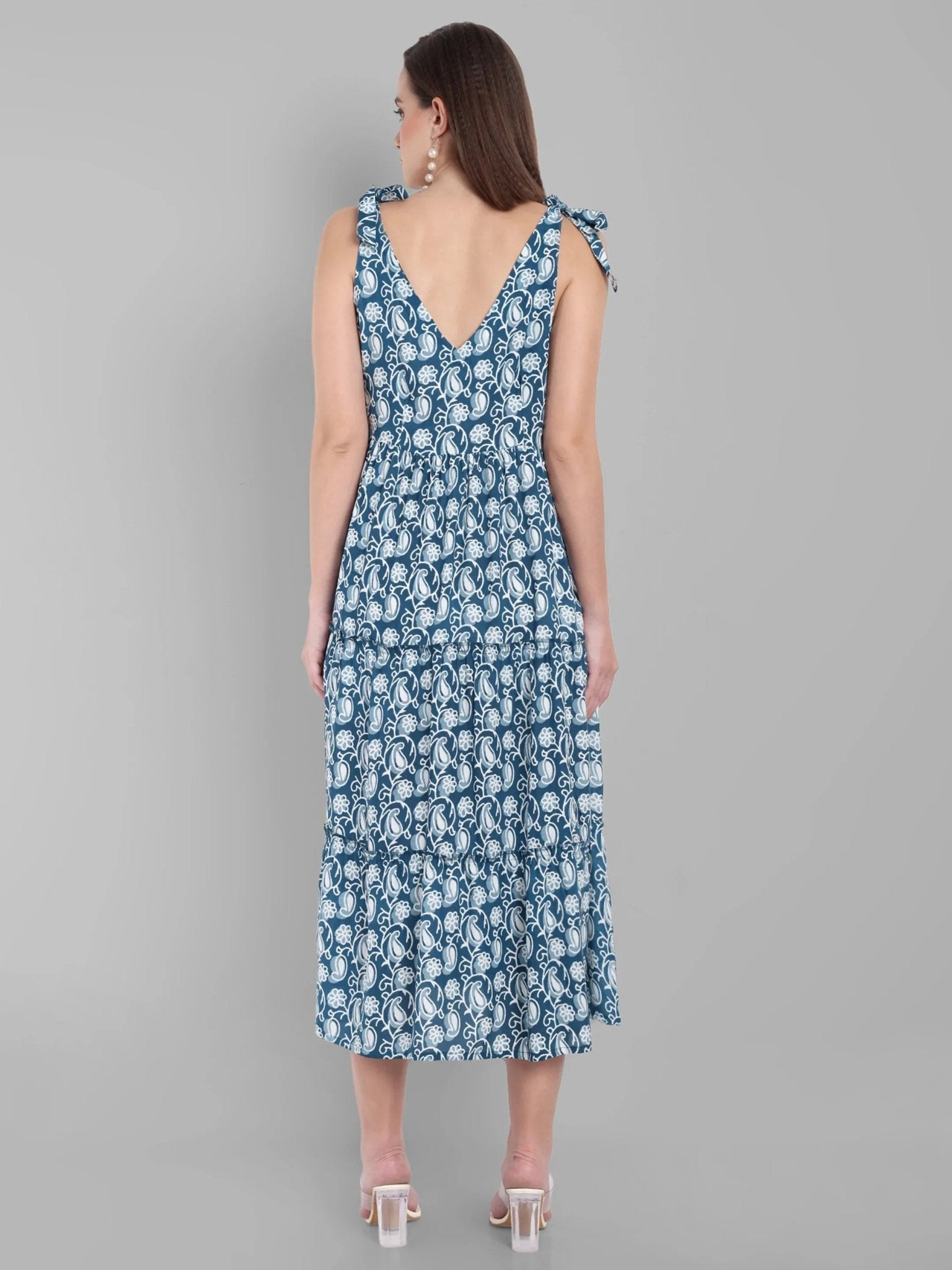 Navy Paisley Tiered Midi Dress