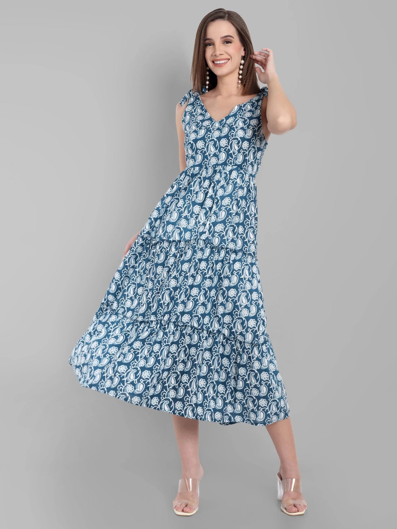 Navy Paisley Tiered Midi Dress