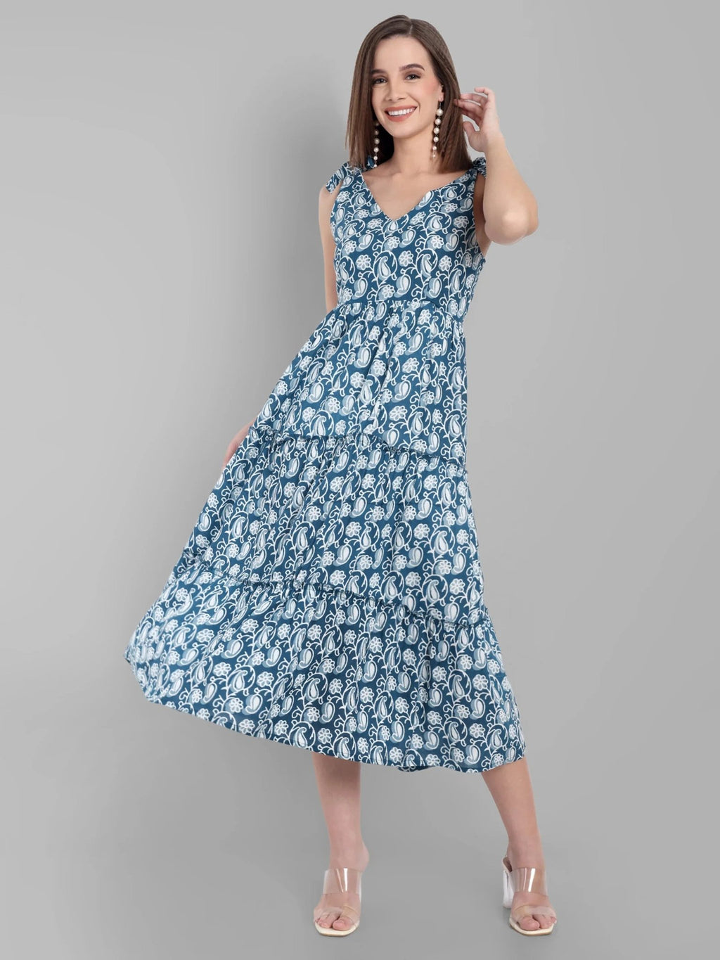 Navy Paisley Tiered Midi Dress