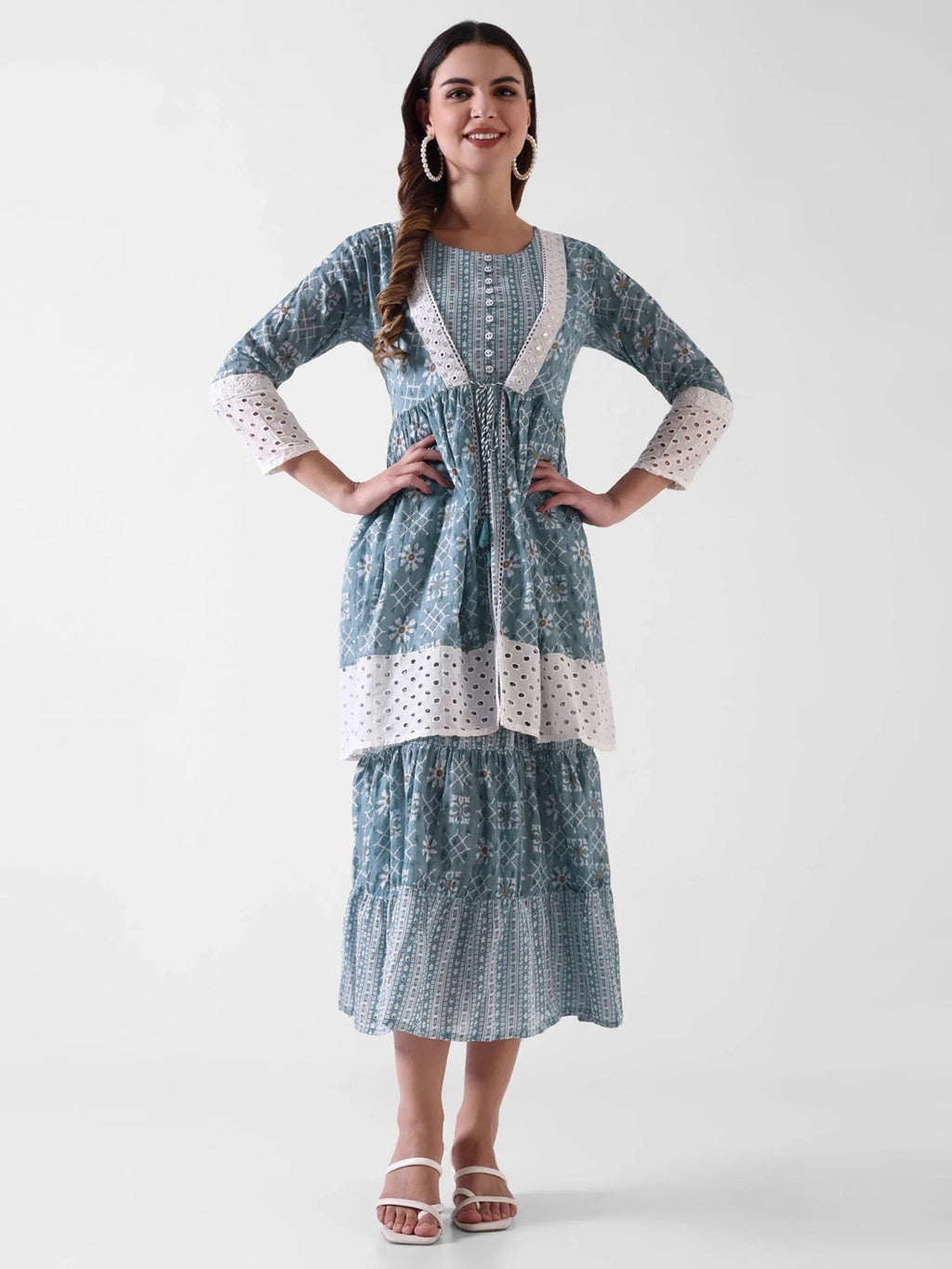 Pure Cotton Blue Mid Gown With Jacket