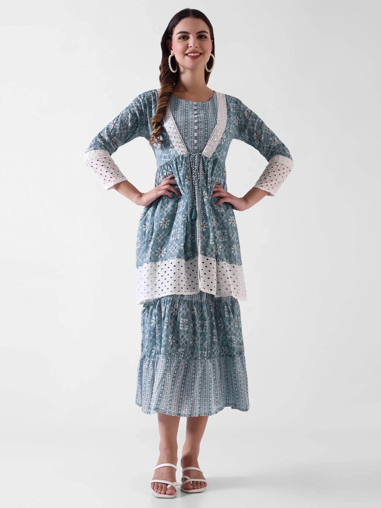 Pure Cotton Blue Mid Gown With Jacket