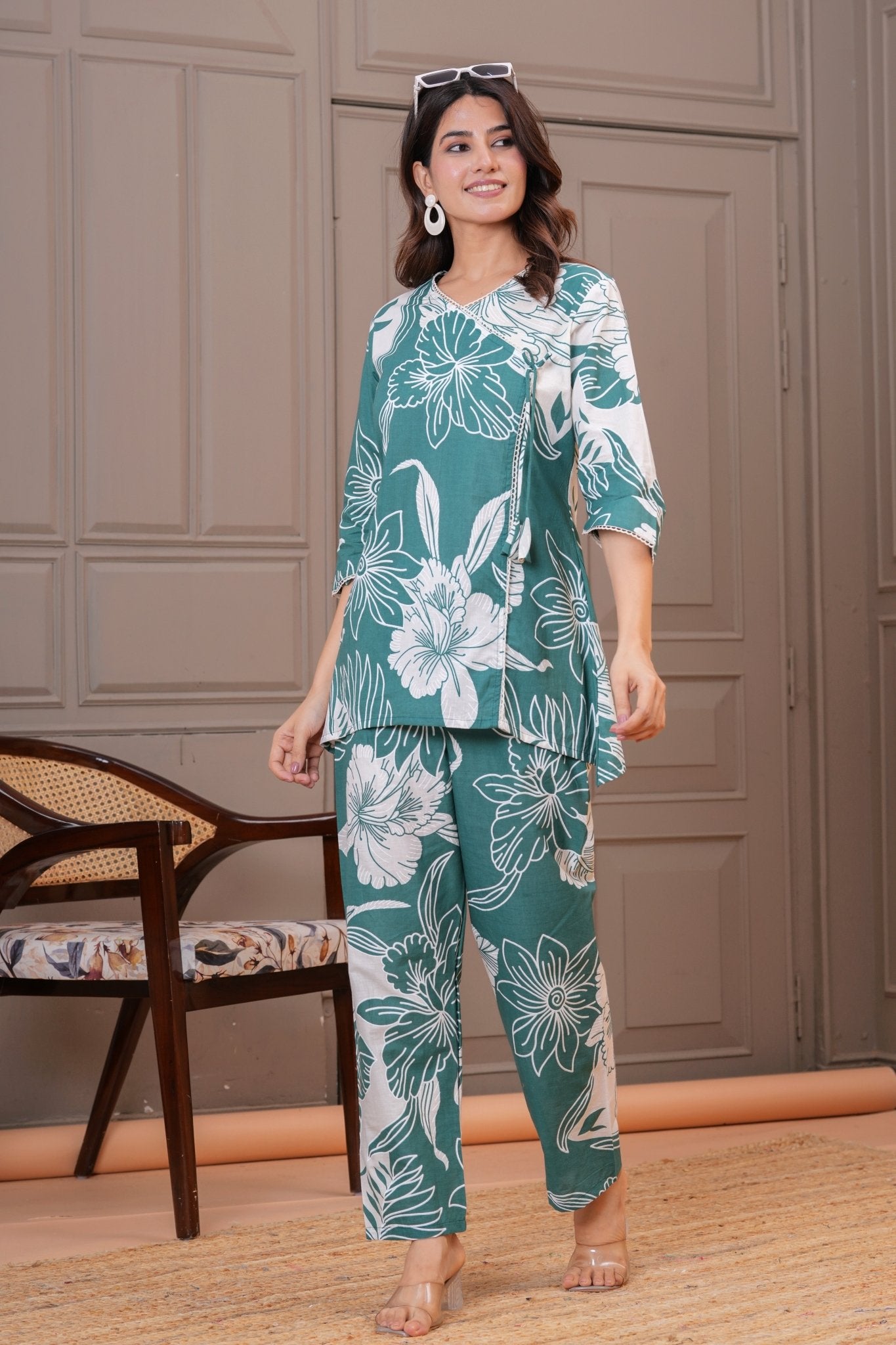 Sea Green Bold Floral Print Cotton Co-ord Set