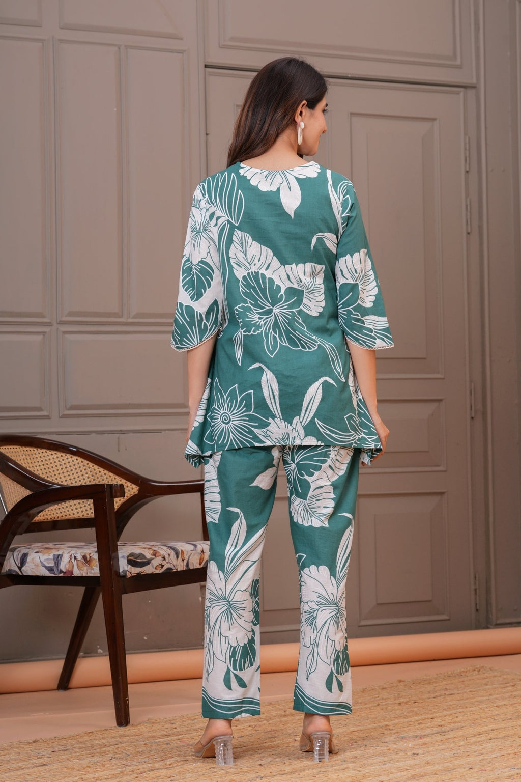 Sea Green Bold Floral Print Cotton Co-ord Set