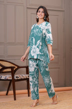 Sea Green Bold Floral Print Cotton Co-ord Set