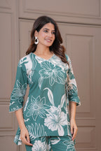 Sea Green Bold Floral Print Cotton Co-ord Set