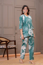 Sea Green Bold Floral Print Cotton Co-ord Set