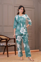 Sea Green Bold Floral Print Cotton Co-ord Set
