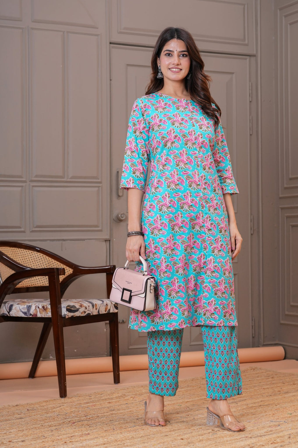 Turquoise Pink Floral Print Cotton Kurta Set