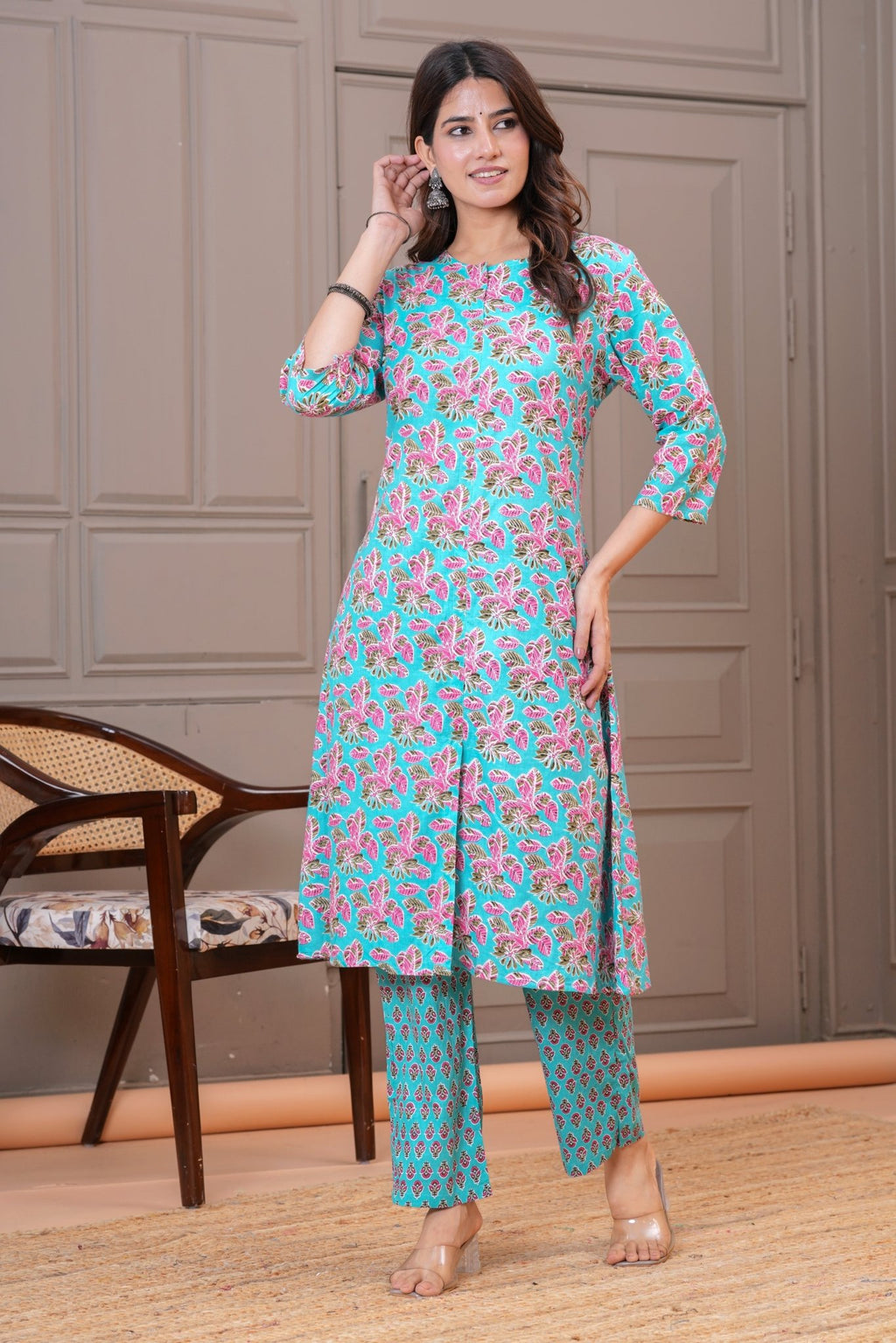 Turquoise Pink Floral Print Cotton Kurta Set