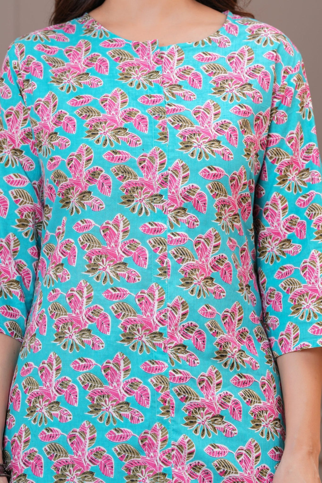 Turquoise Pink Floral Print Cotton Kurta Set