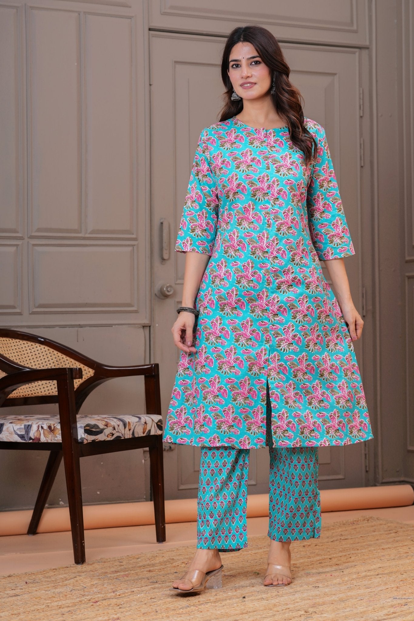 Turquoise Pink Floral Print Cotton Kurta Set