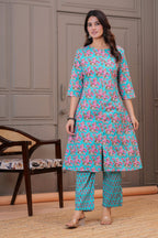 Turquoise Pink Floral Print Cotton Kurta Set