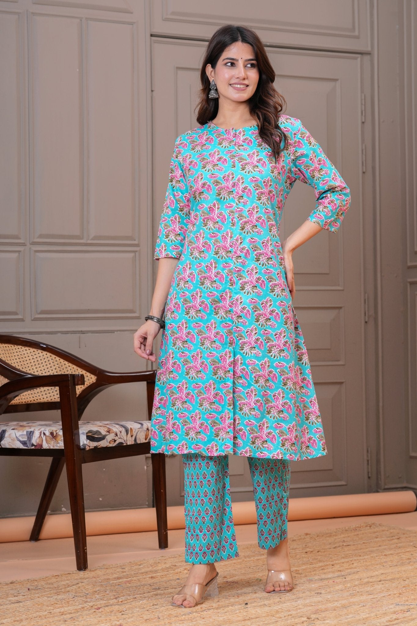 Turquoise Pink Floral Print Cotton Kurta Set