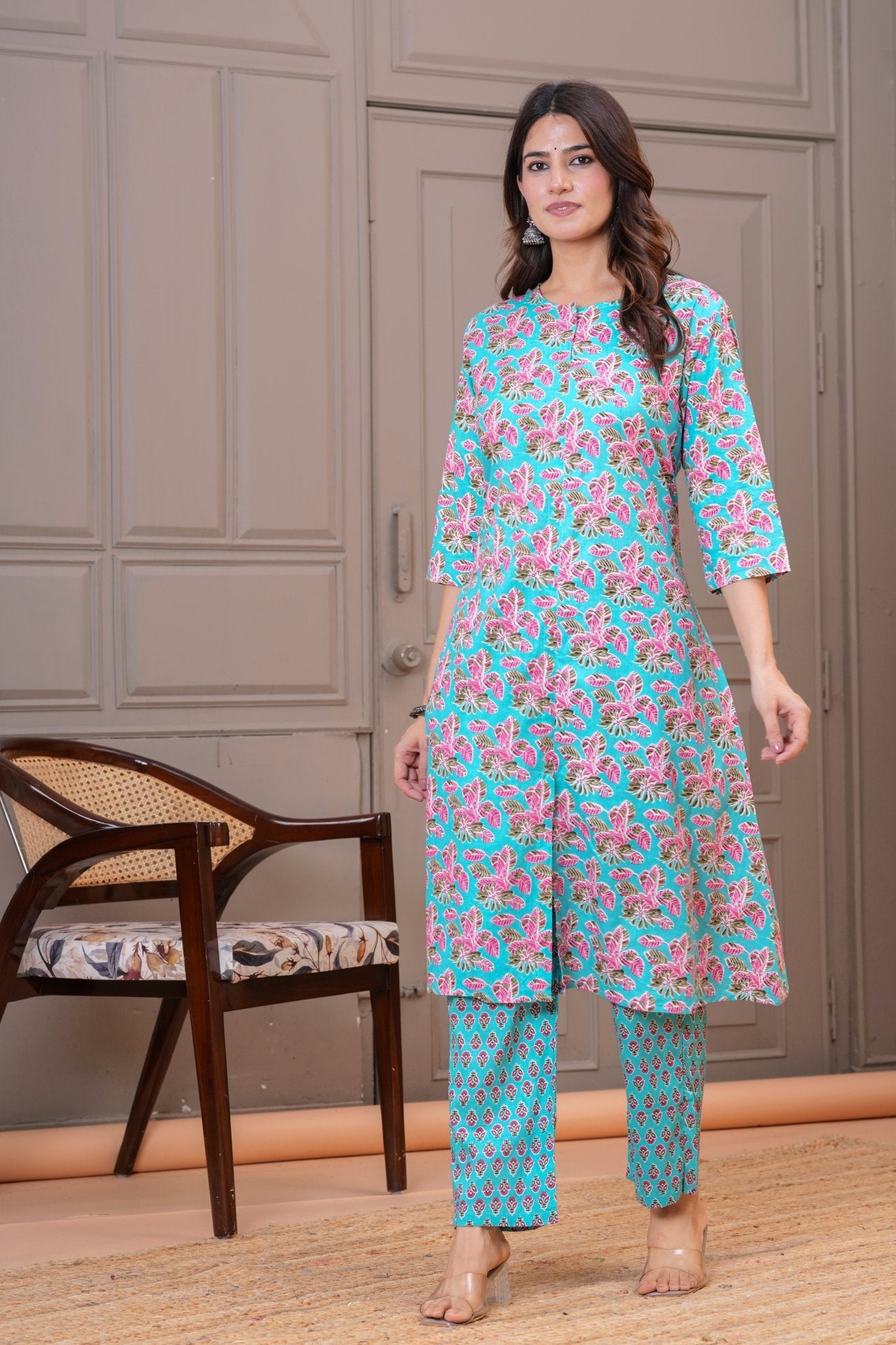 Turquoise Pink Floral Print Cotton Kurta Set
