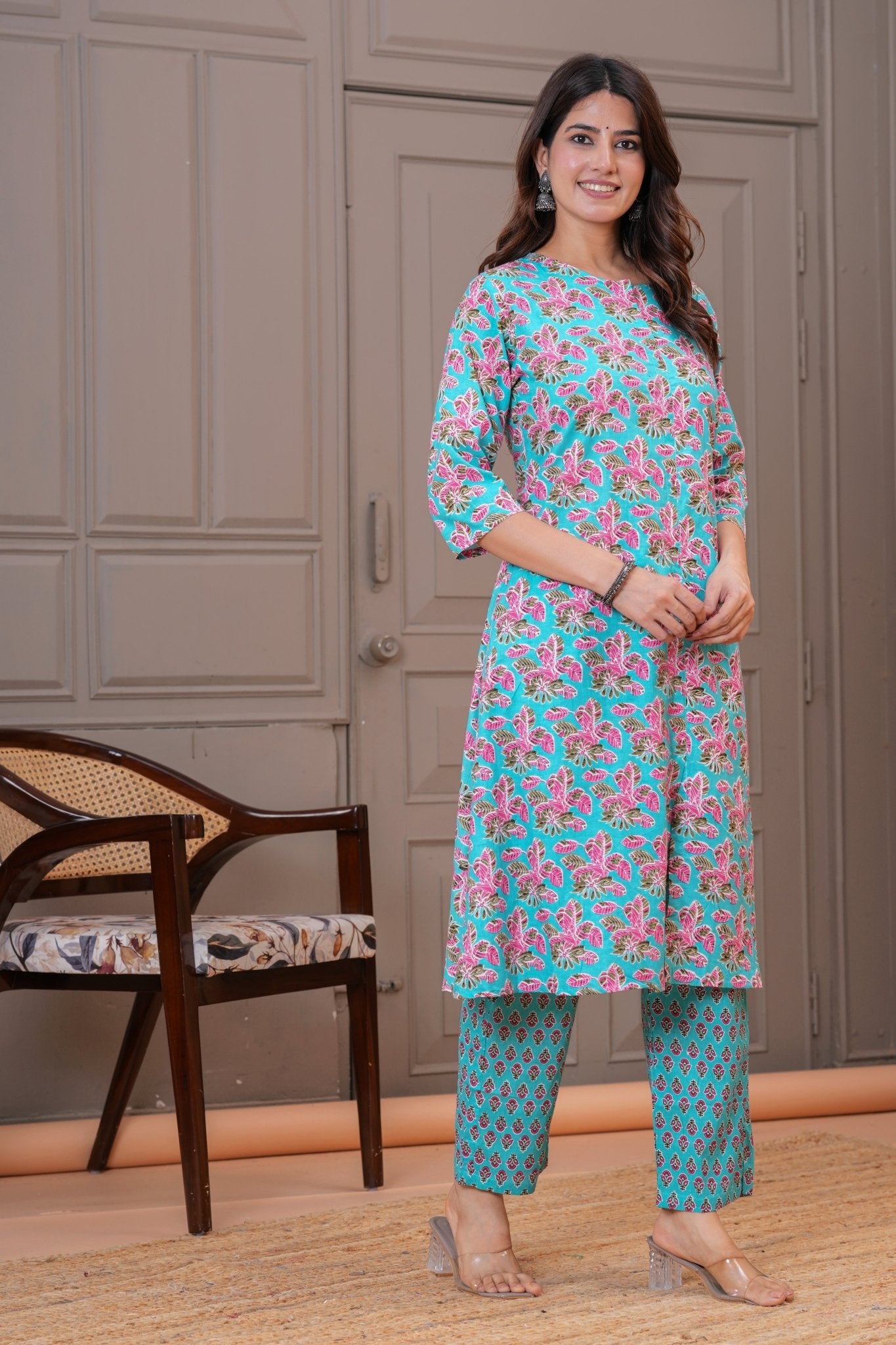 Turquoise Pink Floral Print Cotton Kurta Set
