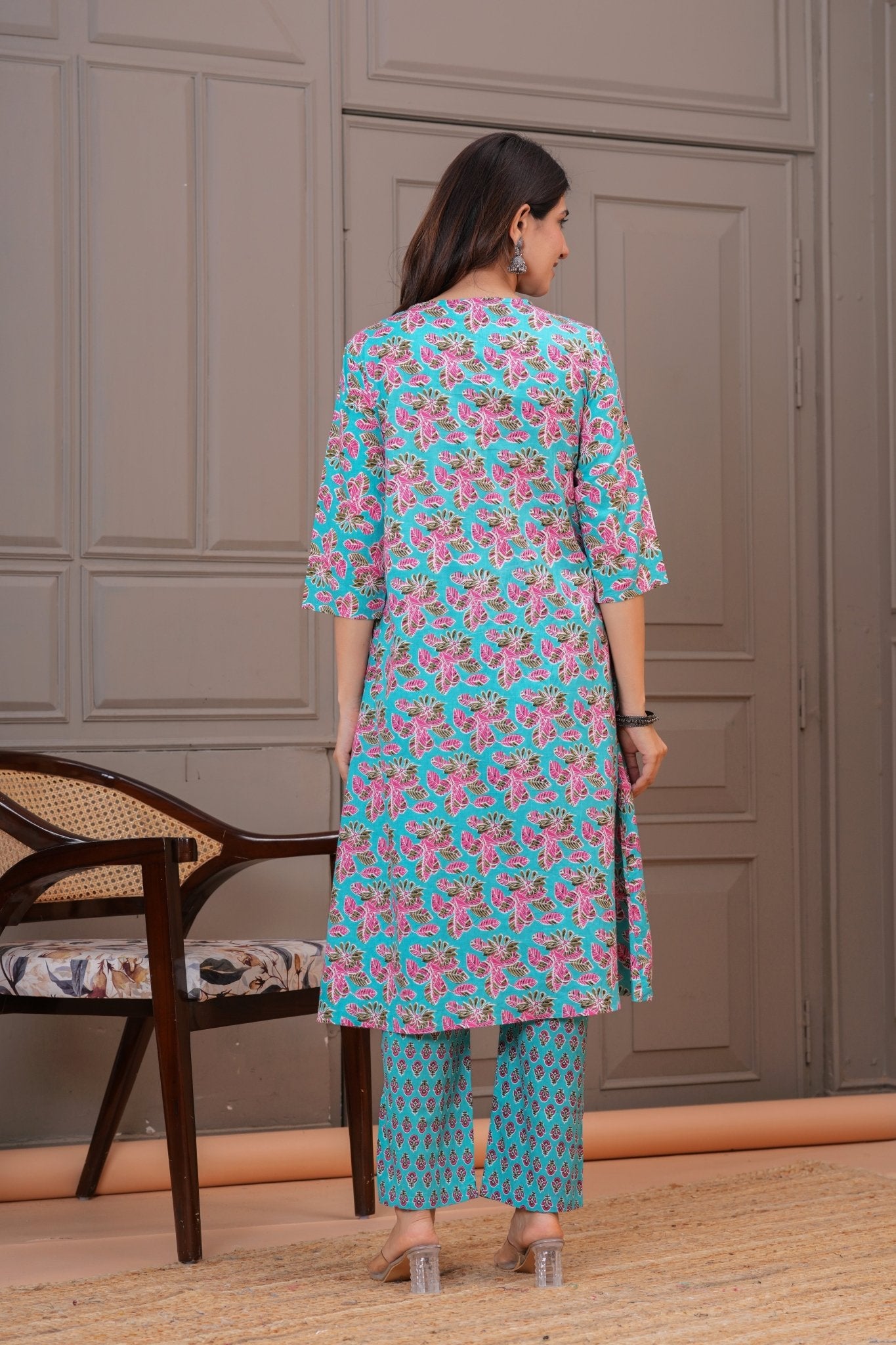 Turquoise Pink Floral Print Cotton Kurta Set