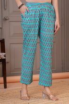 Turquoise Pink Floral Print Cotton Kurta Set