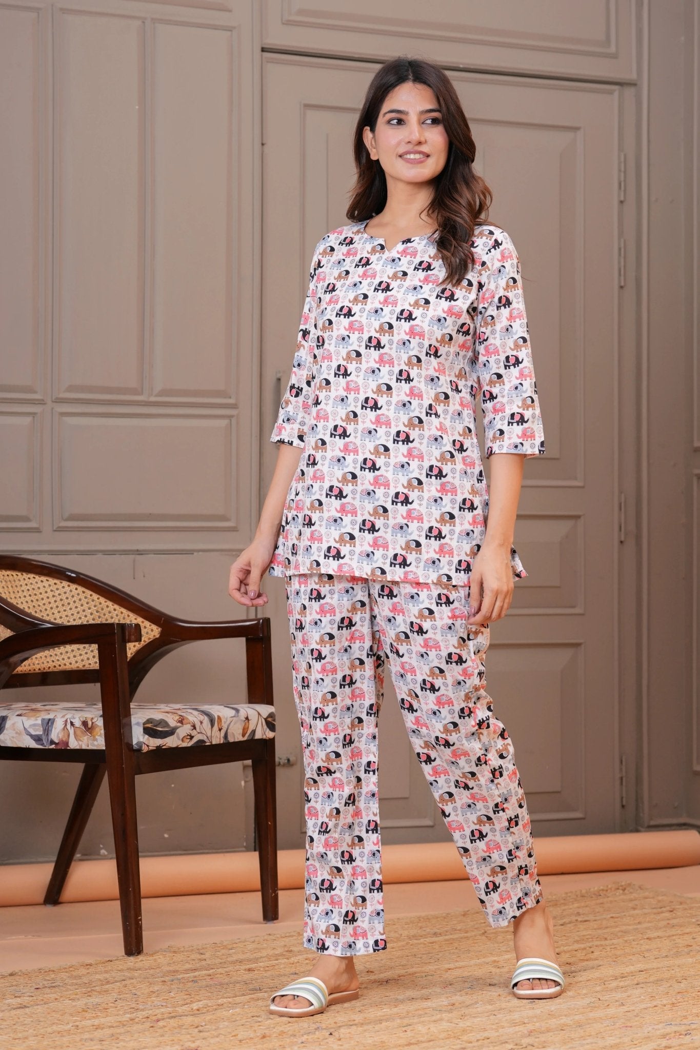 White Multicolor Elephant Print Cotton Lounge Set
