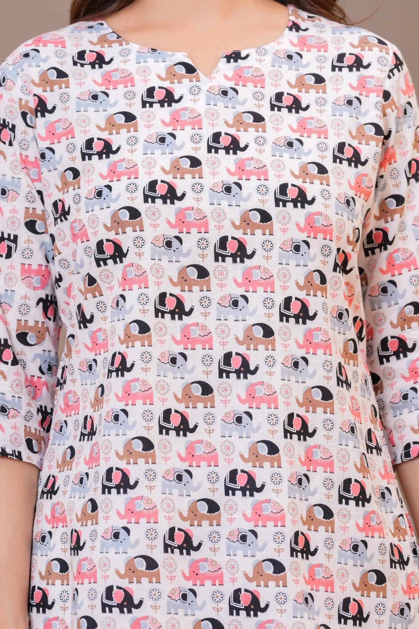 White Multicolor Elephant Print Cotton Lounge Set