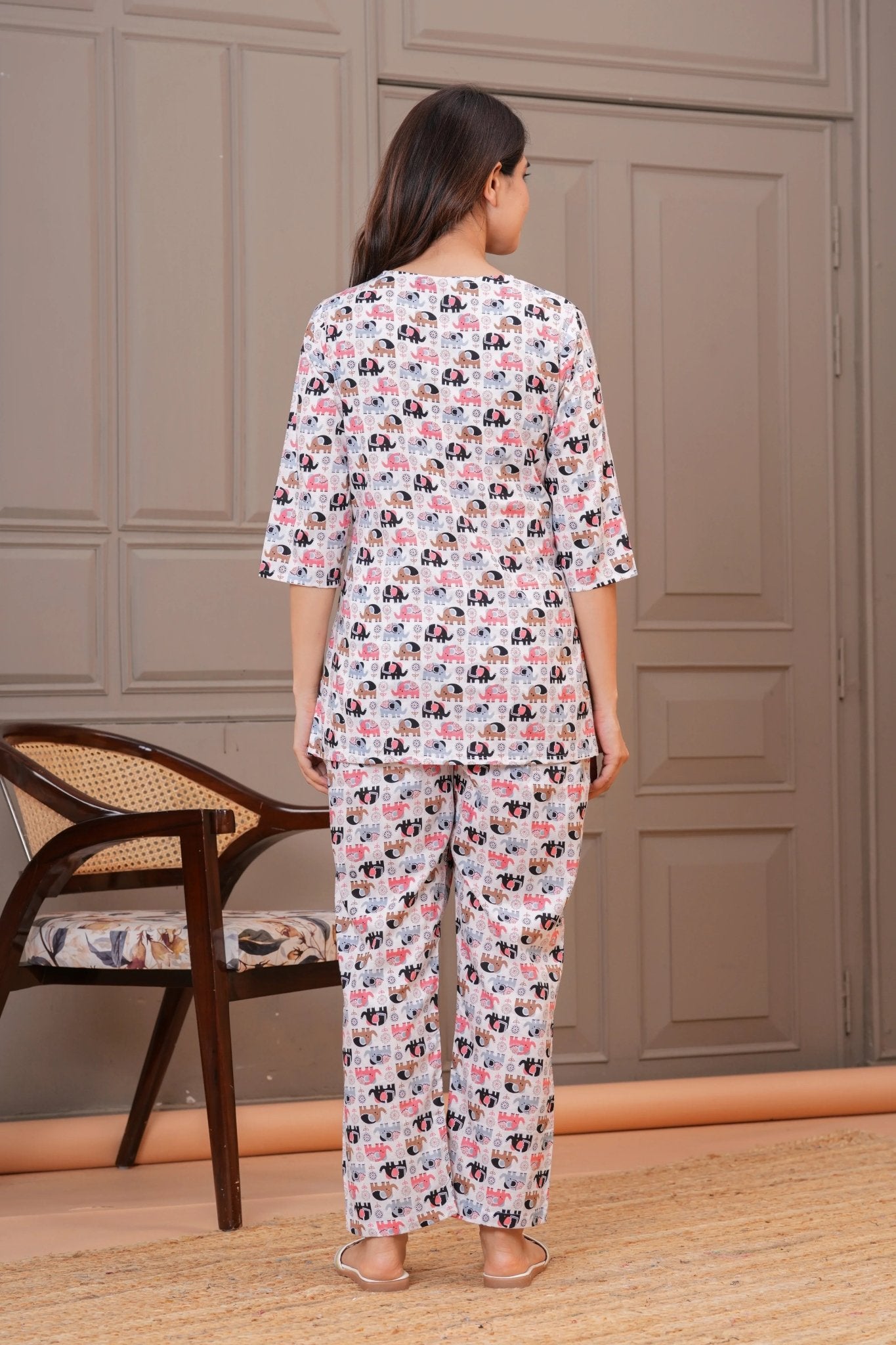 White Multicolor Elephant Print Cotton Lounge Set