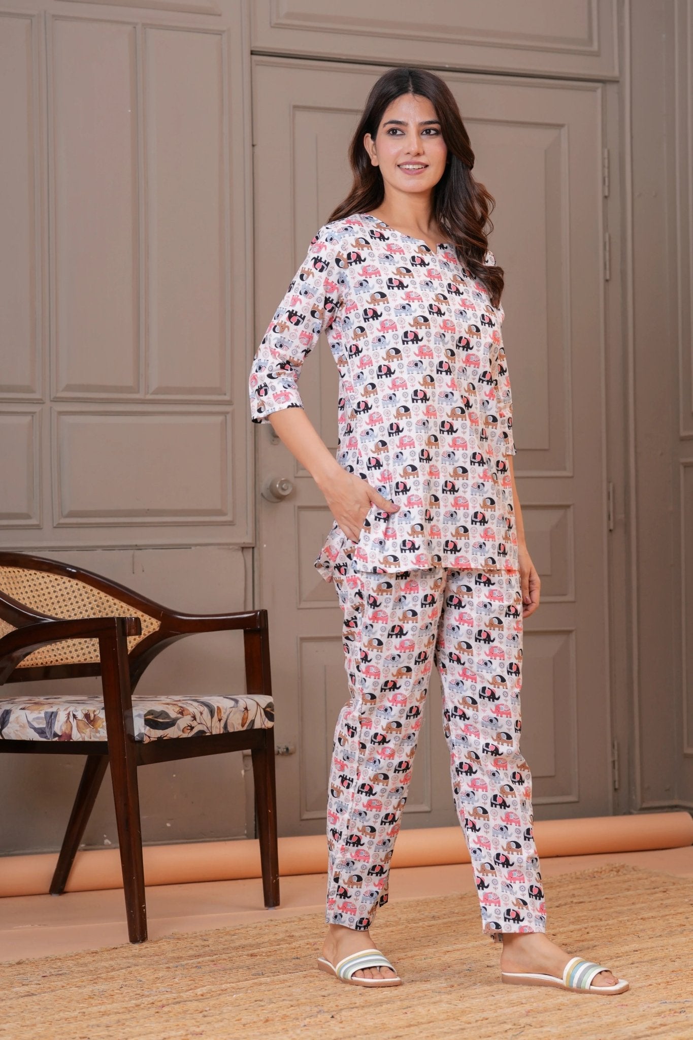 White Multicolor Elephant Print Cotton Lounge Set