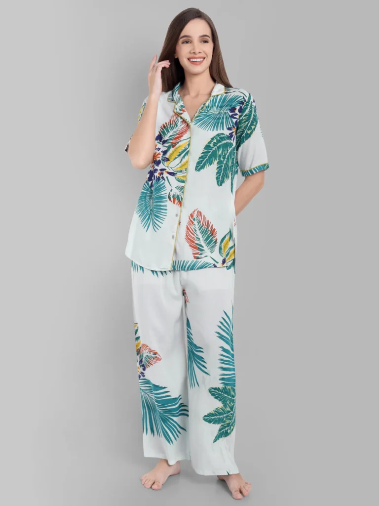 Tropical Print Co-Ord Nightwear Set in Soft White Cotton | Pashet