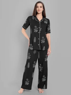 Black Floral Printed Night Suit - Pashet